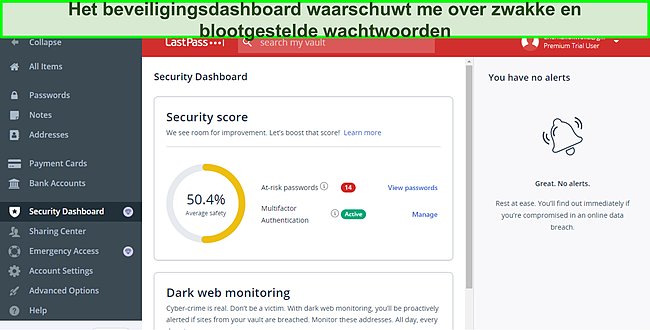 Schermafbeelding van LastPass-beveiligingsdashboard.