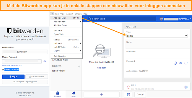 Schermafbeelding van een inlogitem toevoegen aan de Bitwarden-desktopclient.