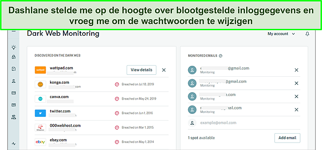 Screenshot van de darkwebmonitor van Dashlane.