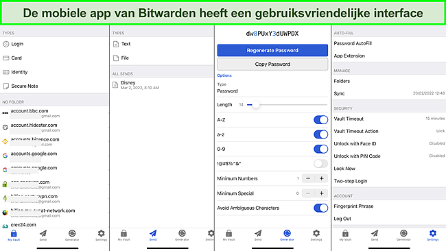 Screenshot van de Bitwarden mobiele app-interface.