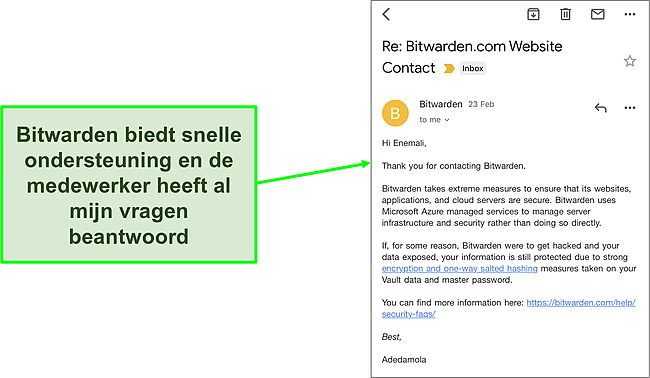 Screenshot van Bitwarden ondersteuning e-mailchat.