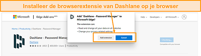 Screenshot van het installeren van de Dashlane-browserextensie.