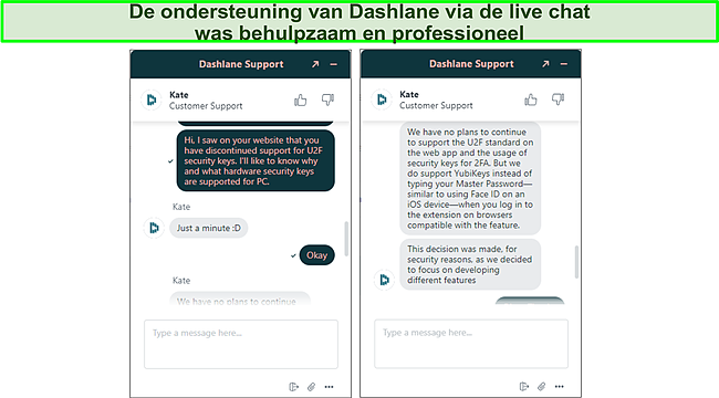 Screenshot van Dashlane live chat-ondersteuning.