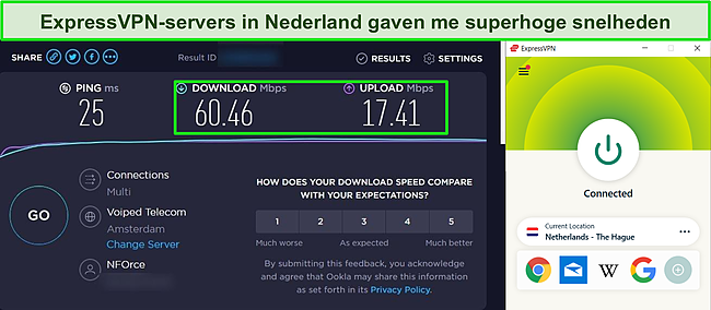 Screenshot van een snelheidstest uitgevoerd op de server van ExpressVPN in Nederland.