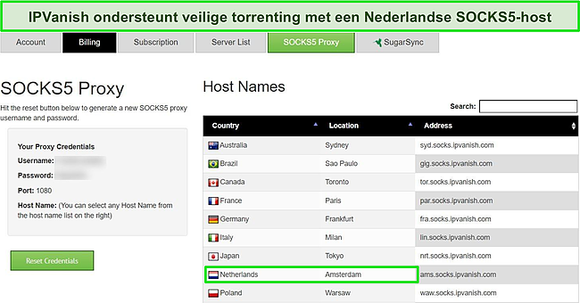 Screenshot van IPVanish SOCKS5-proxy met een torrent-host in Nederland.