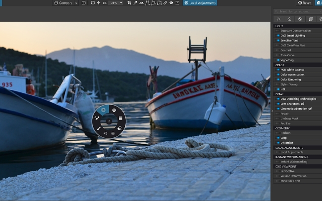 Meniul radial din DxO facilitează ajustarea imaginilor