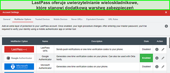 Zrzut ekranu strony konfiguracji LastPass Authenticator.