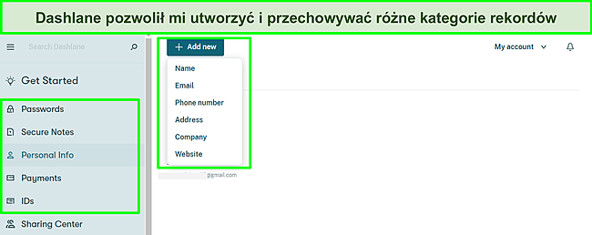 Zrzut ekranu przedstawiający Dodawanie osobistych rekordów do mojego skarbca Dashlane.