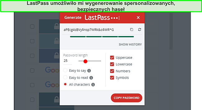 Zrzut ekranu generatora haseł LastPass.