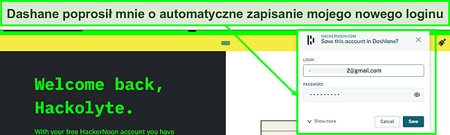 Zrzut ekranu używanej funkcji automatycznego zapisywania Dashlane.