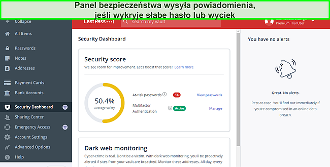 Zrzut ekranu pulpitu bezpieczeństwa LastPass.