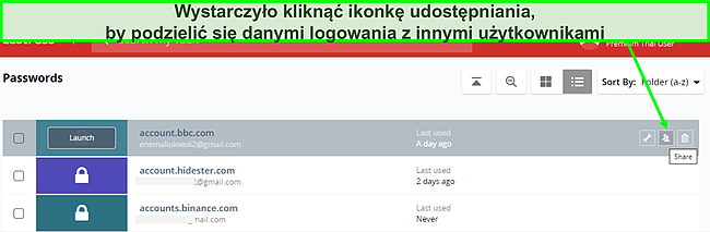 Zrzut ekranu udostępniania hasła LastPass.