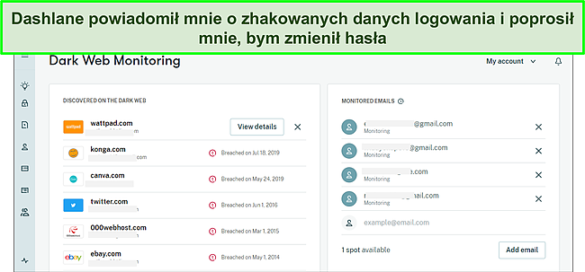 Zrzut ekranu z ciemnego monitora internetowego Dashlane.