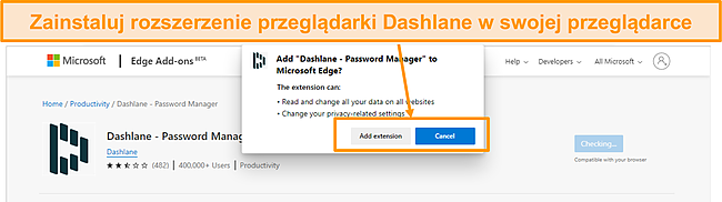 Zrzut ekranu instalacji rozszerzenia przeglądarki Dashlane.