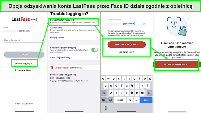 Zrzut ekranu opcji odzyskiwania konta LastPass Face ID.