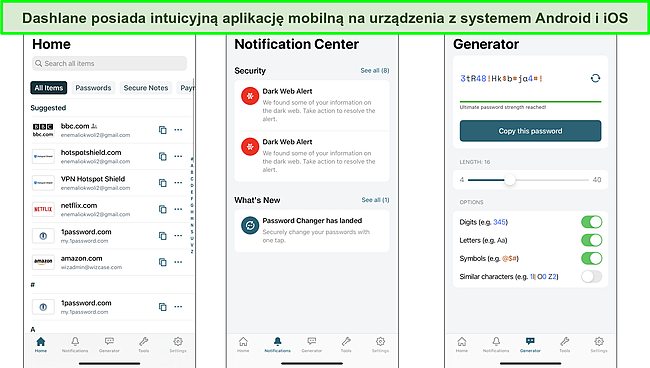 Zrzut ekranu interfejsu aplikacji mobilnej Dashlane.