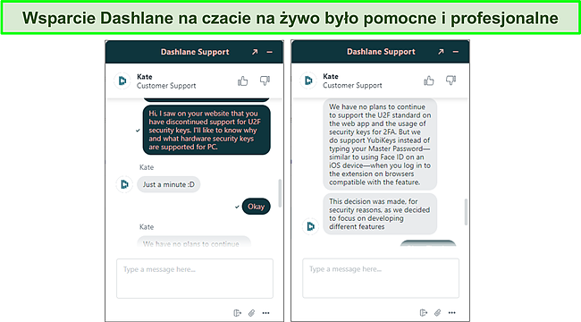 Zrzut ekranu obsługi czatu na żywo Dashlane.