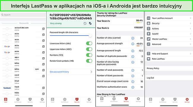 Zrzut ekranu interfejsu aplikacji LastPass iOS.