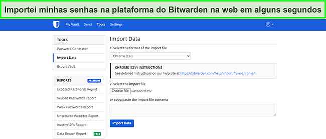 Captura de tela da importação de dados do Bitwarden.