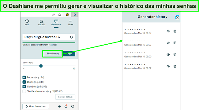 Captura de tela da geração de senhas com o Dashlane.