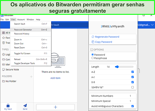 Captura de tela da gera&ccedil;&atilde;o de senhas no Bitwarden.