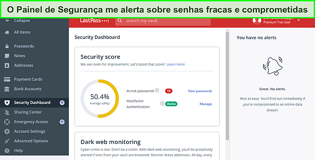 Captura de tela do painel de segurança do LastPass.