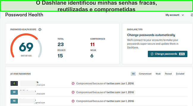 Captura de tela do monitor de integridade de senha do Dashlane.