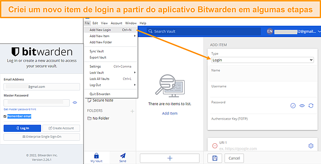 Captura de tela da adição de um item de login no cliente de desktop Bitwarden.