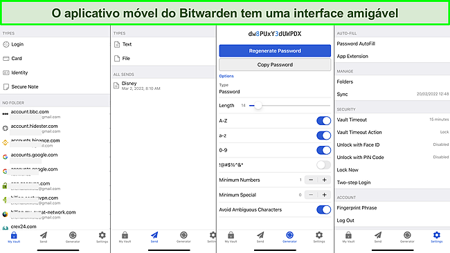 Captura de tela da interface do aplicativo móvel Bitwarden.
