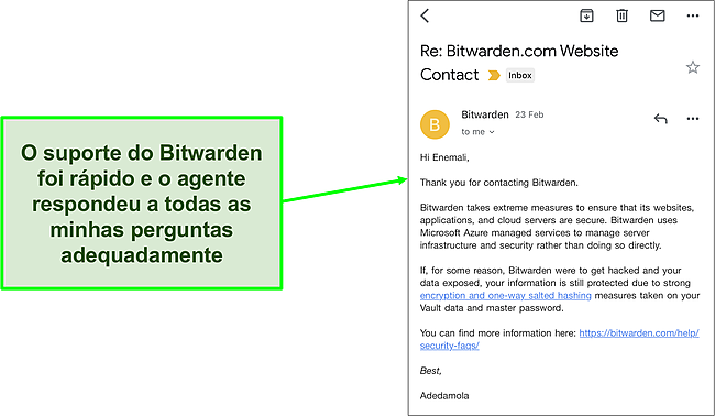 Captura de tela do bate-papo por e-mail de suporte da Bitwarden.