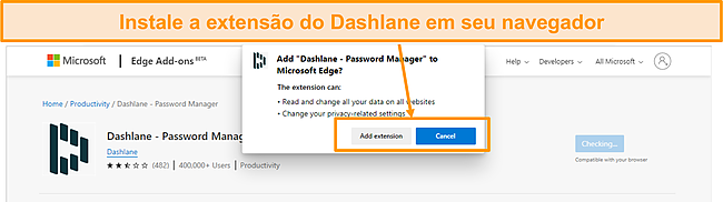 Captura de tela da instalação da extensão do navegador Dashlane.