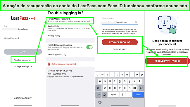 Captura de tela da opção de recuperação de conta do LastPass Face ID.