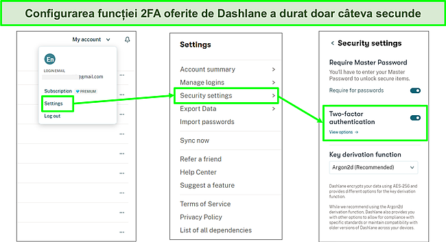 Captură de ecran a activării funcției 2FA a lui Dashlane.