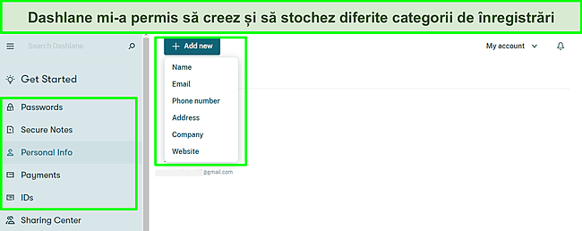 Captură de ecran cu Adăugarea înregistrărilor personale la seiful meu Dashlane.