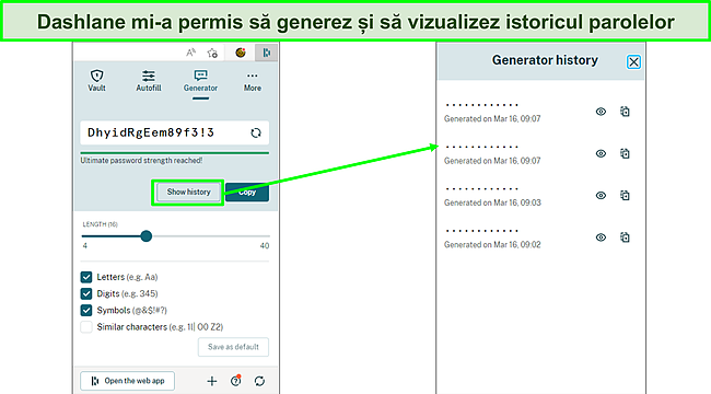 Captură de ecran cu Generarea parolelor cu Dashlane.