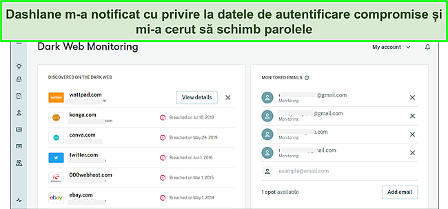 Captură de ecran a monitorului dark web al lui Dashlane.