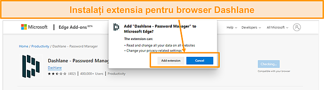 Captură de ecran a instalării extensiei de browser Dashlane.