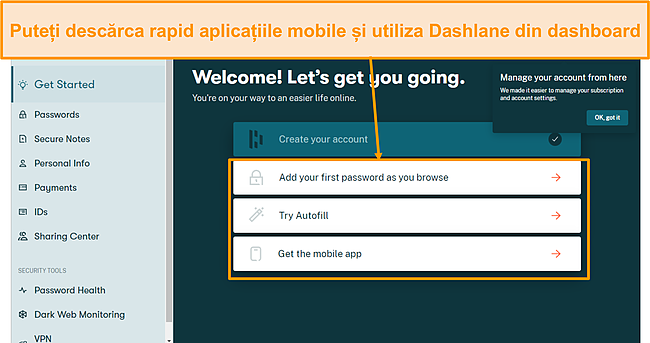 Captură de ecran a paginii de înscriere la Dashlane.