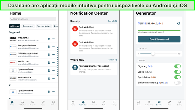 Captură de ecran a interfeței aplicației mobile Dashlane.