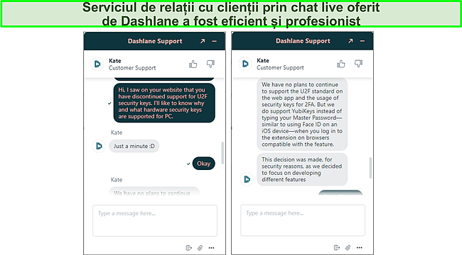 Captură de ecran a asistenței prin chat live Dashlane.