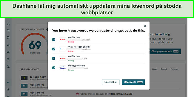 Skärmdump av Dashlanes automatiska lösenordsväxlare.