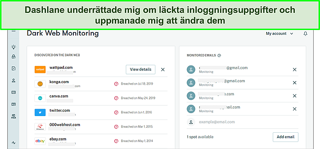 Skärmdump av Dashlanes mörka webbmonitor.