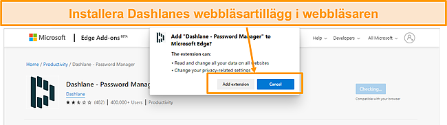 Skärmdump av att installera Dashlane webbläsartillägg.