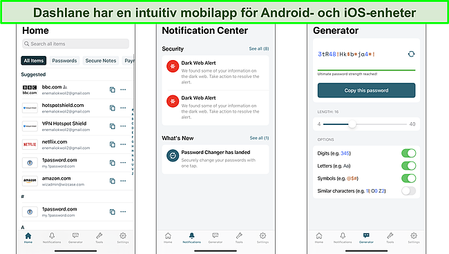 Skärmdump av gränssnittet för mobilappen Dashlane.