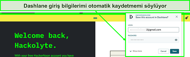 Dashlane otomatik kaydetme özelliğinin kullanımdaki ekran görüntüsü.