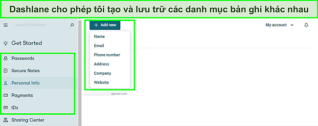 Ảnh chụp màn hình về Thêm hồ sơ cá nhân vào kho tiền Dashlane của tôi.