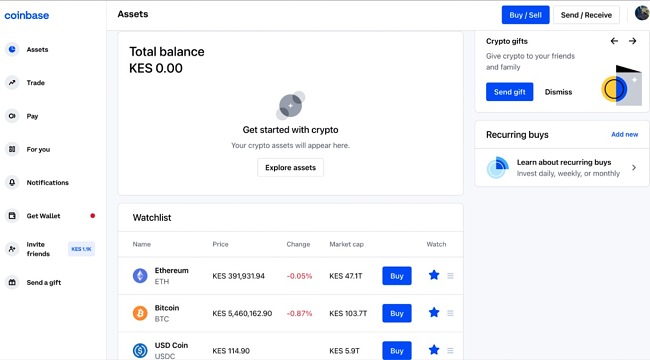 Capture d'écran du tableau de bord Coinbase