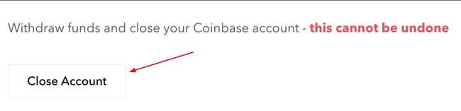 Snimka zaslona za zatvaranje računa Coinbase