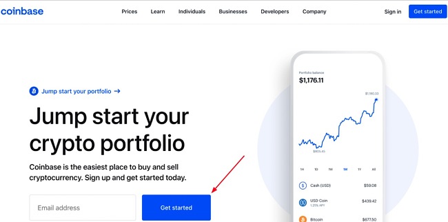 Captura de pantalla de la página de inicio de Coinbase