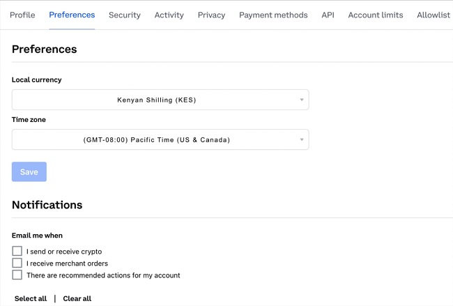 Скриншот параметров настройки учетной записи Coinbase